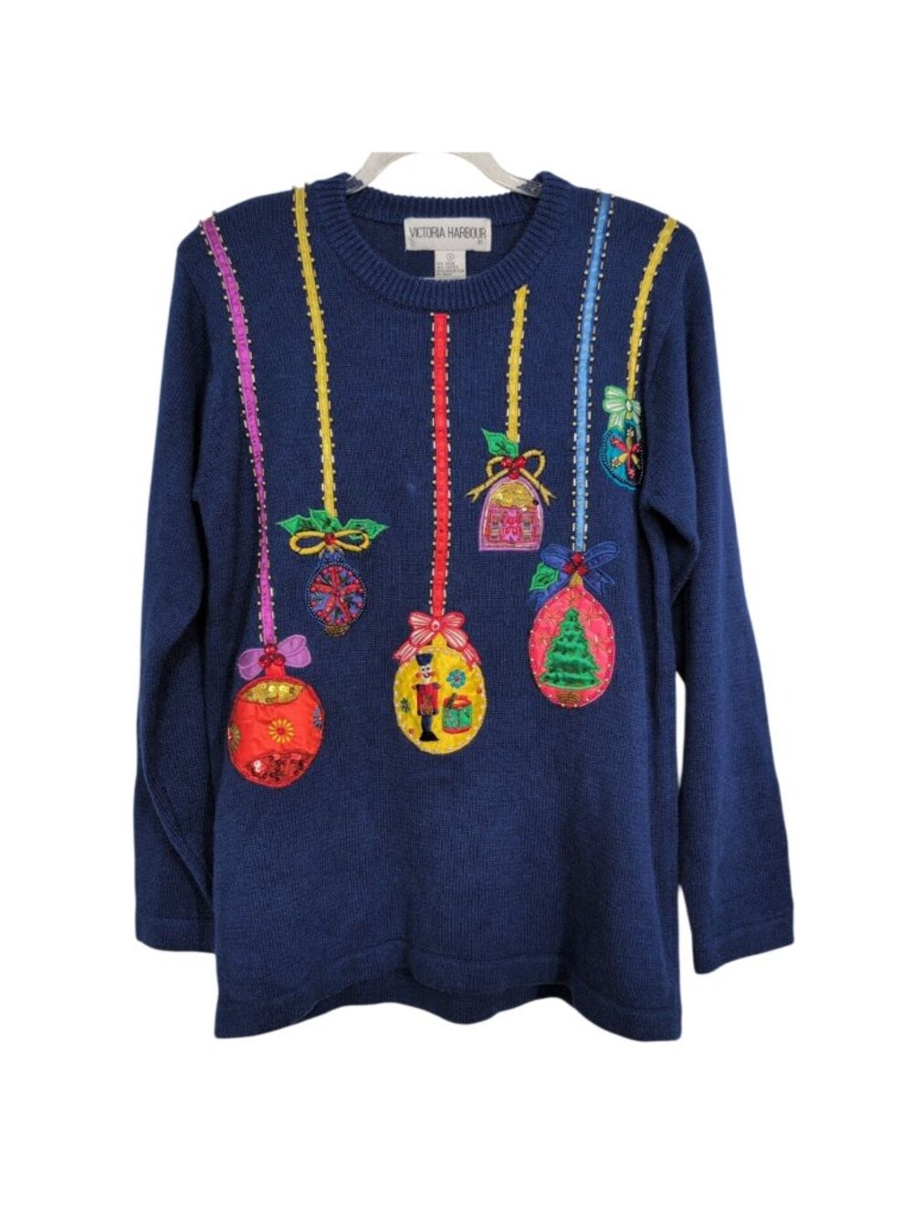 Vintage Victoria Harbour Christmas Sweater Womens Size Small Blue Beaded Oversiz